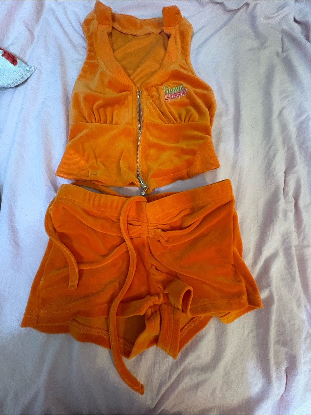 Bright Orange Velour Zip Tank and Shorts Set